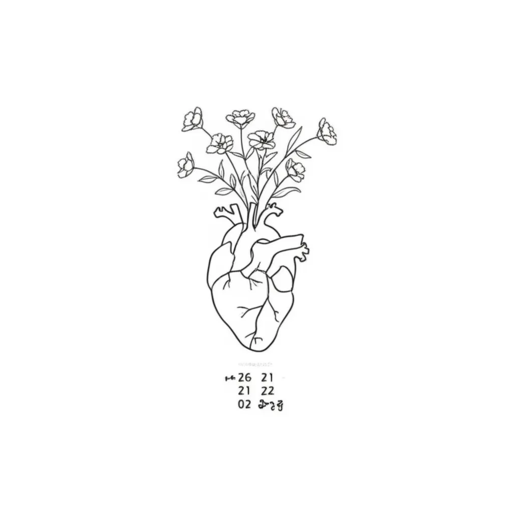 Minimalist Heart and Flowers Tattoo with Numbers Meaning Minimalist Heart and Flowers Tattoo with Numbers Meaning
