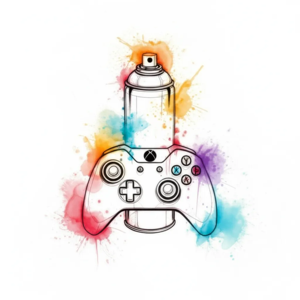 Watercolor Xbox Controller, Spray Can, and DJ Turntable Bicep Tattoo