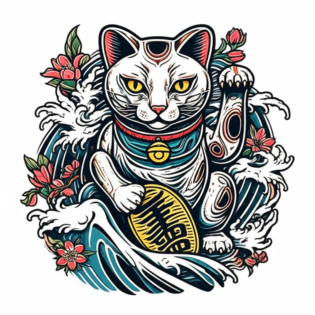 Japanese Traditional Maneki Neko Cat Tattoo Design