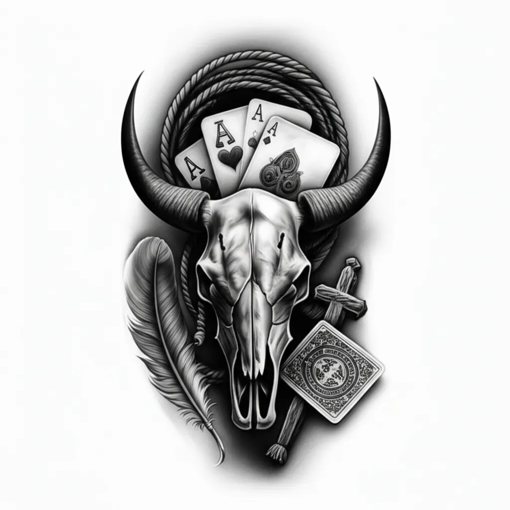 Realism Bull Skull Sleeve Tattoo with Ace Cards and Cross Realism Bull Skull Sleeve Tattoo with Ace Cards and Cross