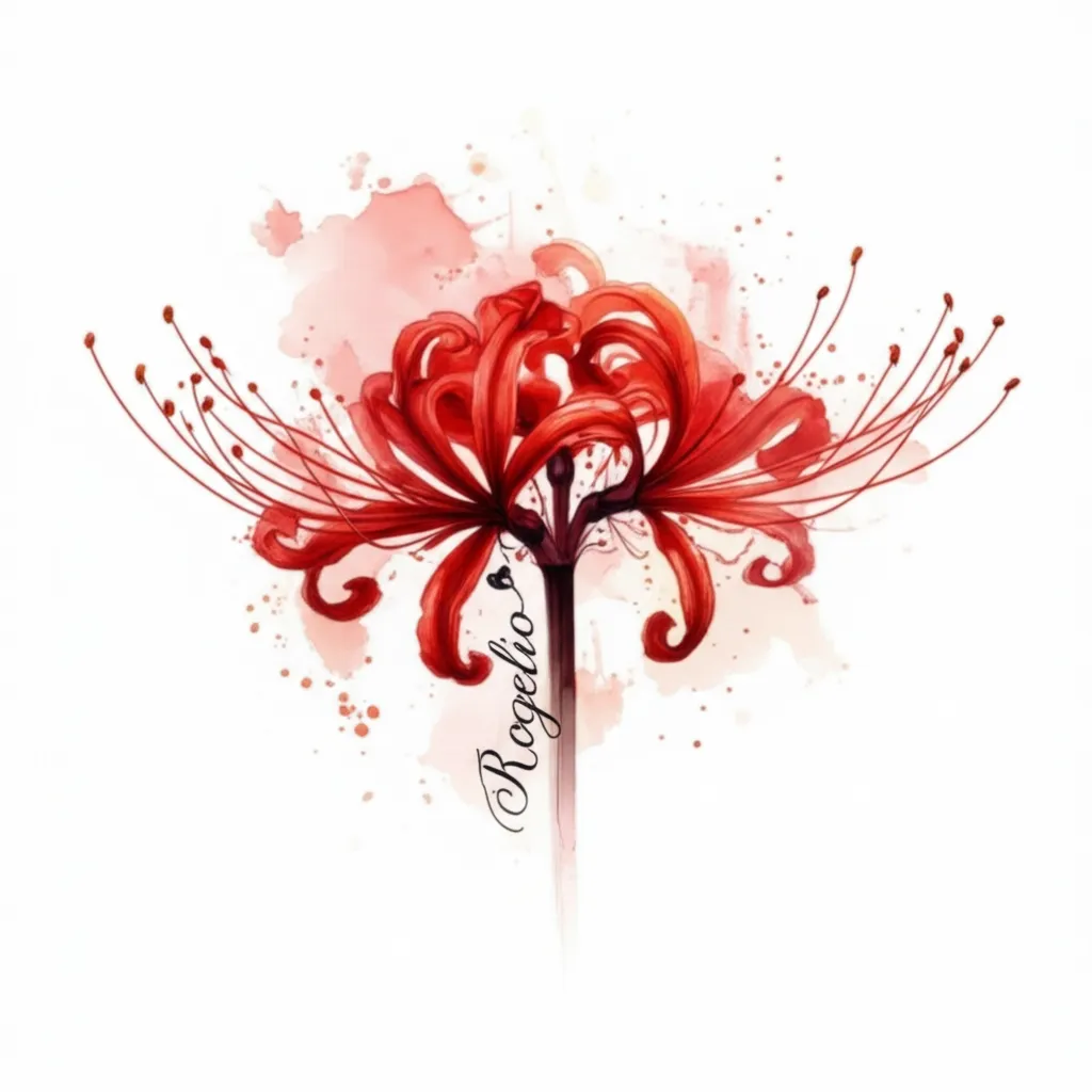 Red Spider Lily Watercolor Tattoo with Name Rogelio
