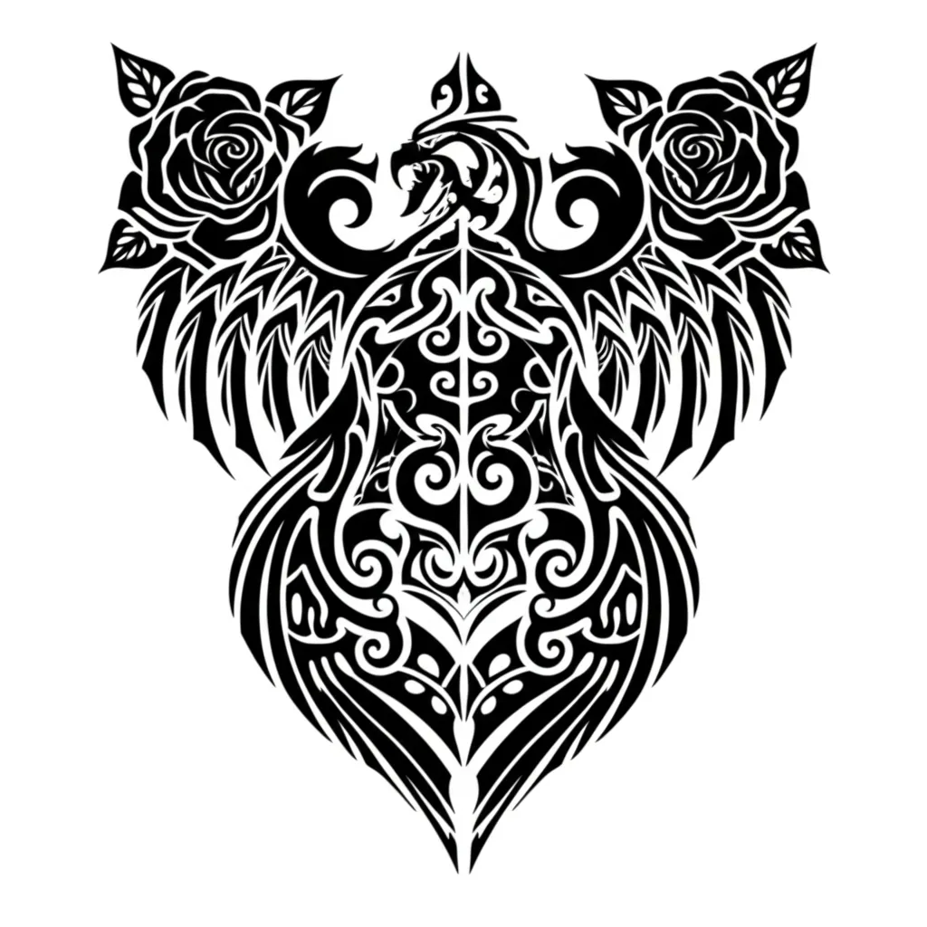 Tribal Phoenix and Roses Tattoo Design