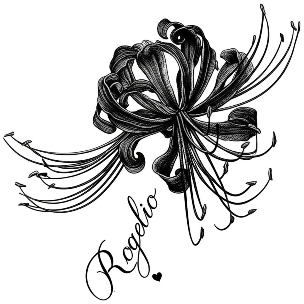 Realistic Red Spider Lily Tattoo with 'Rogelio' Name