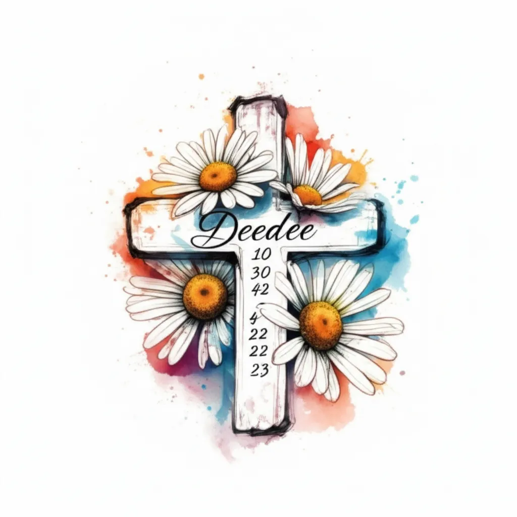 Watercolor Daisy Cross Tattoo with Name and Dates - Memorial Tattoo Idea Watercolor Daisy Cross Tattoo with Name and Dates - Memorial Tattoo Idea