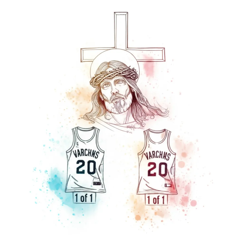 Watercolor Tattoo of Jesus, Cross, Basketball Jerseys & Quote