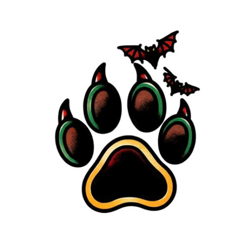 Dog Paw Print with Bats American Traditional Tattoo