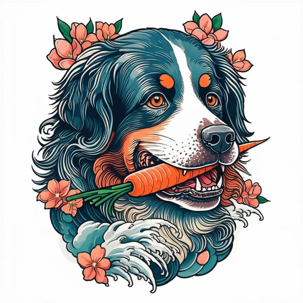 Bernese Mountain Dog with Carrot Japanese Tattoo