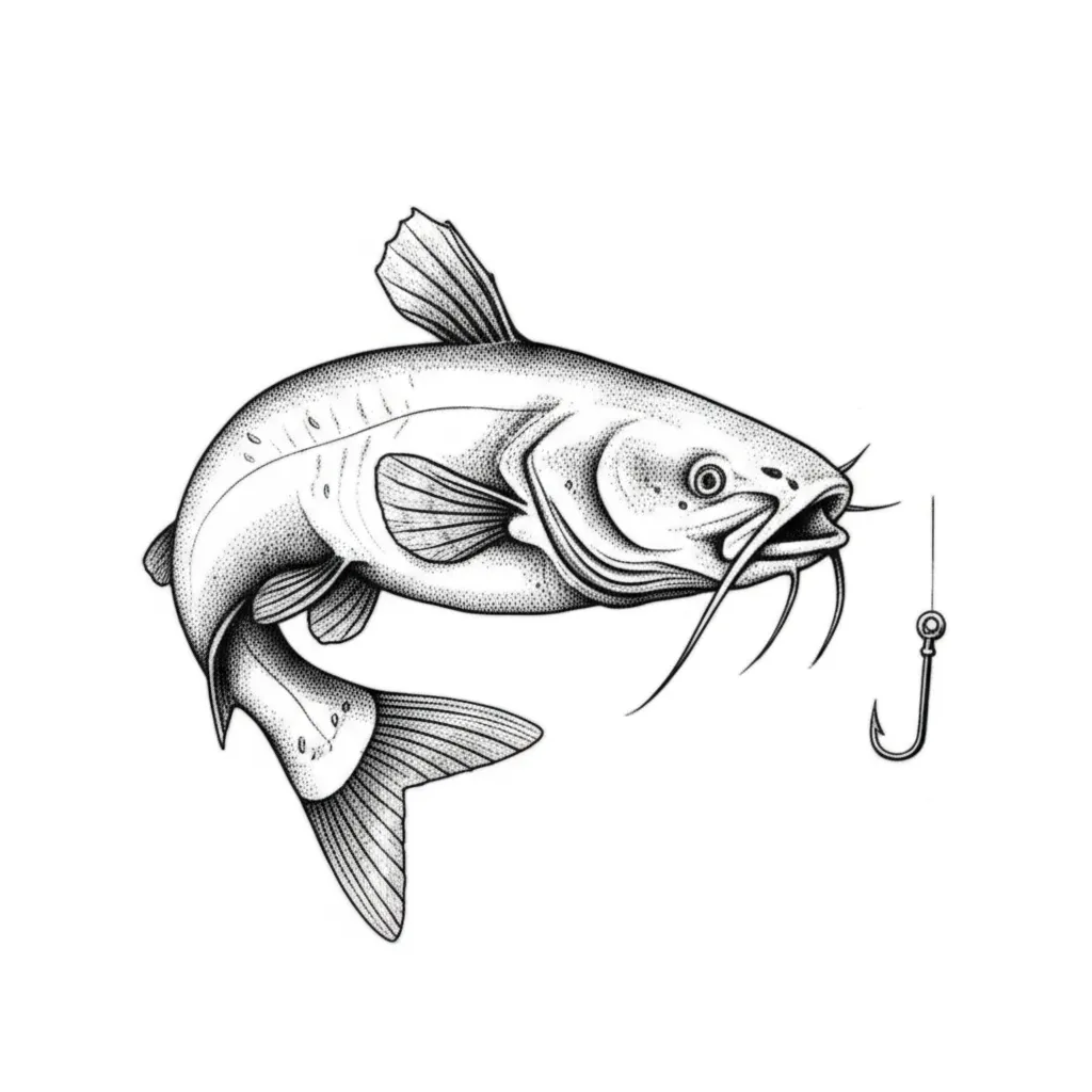 Fine Line Catfish Tattoo with Hook Design Fine Line Catfish Tattoo with Hook Design