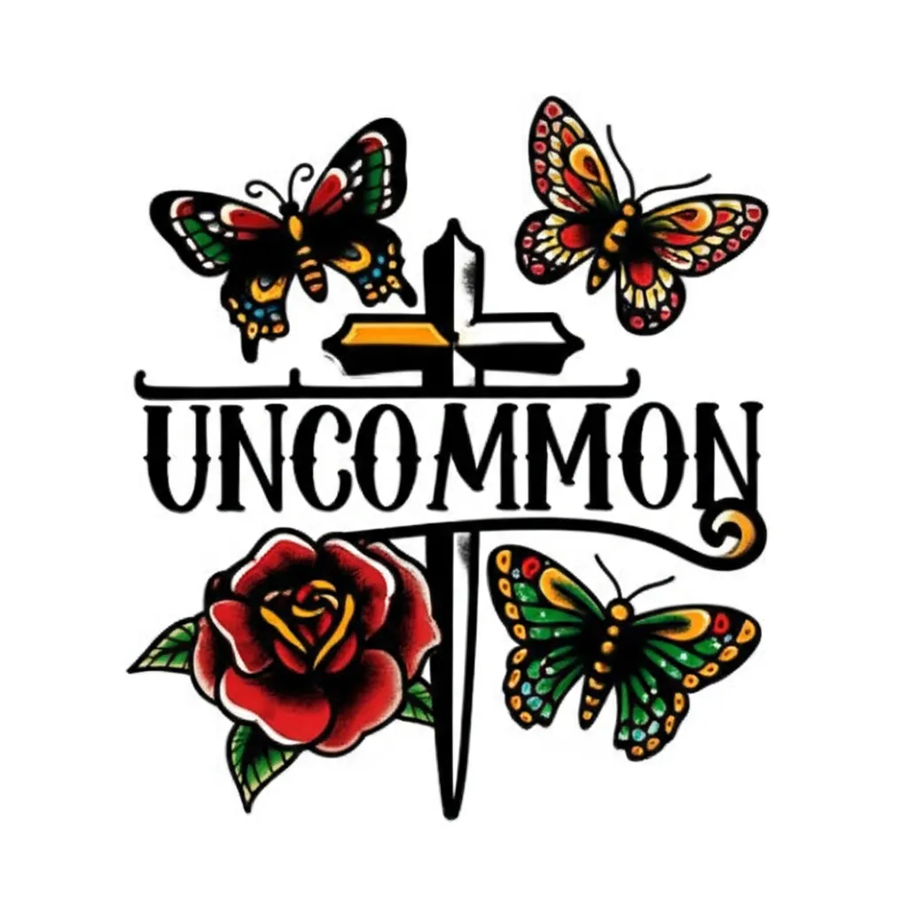 Uncommon Cross Tattoo with Butterflies - American Traditional Style