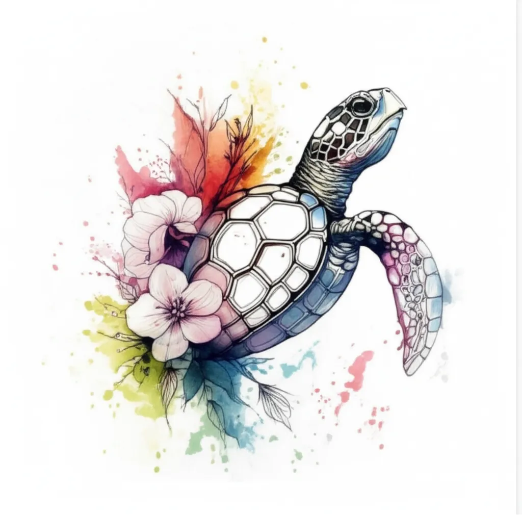 Watercolor Turtle Tattoo with Floral Accents Watercolor Turtle Tattoo with Floral Accents