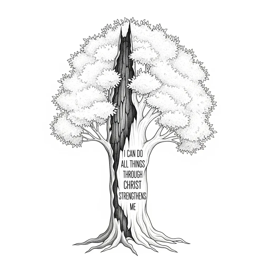 Burnt Family Tree Tattoo with Scripture: Strength in Christ