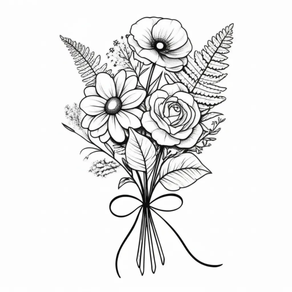 Fine Line Bouquet Tattoo: Daisy, Lily, Poppy, Rose & Fern Fine Line Bouquet Tattoo: Daisy, Lily, Poppy, Rose & Fern