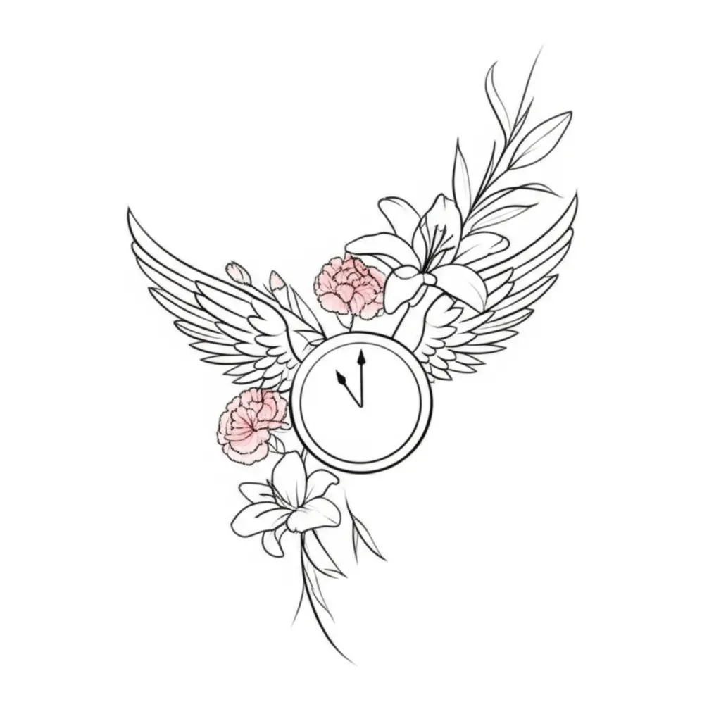 Minimalist Memorial Tattoo: Wings, Clock, Carnations & Lilies Minimalist Memorial Tattoo: Wings, Clock, Carnations & Lilies