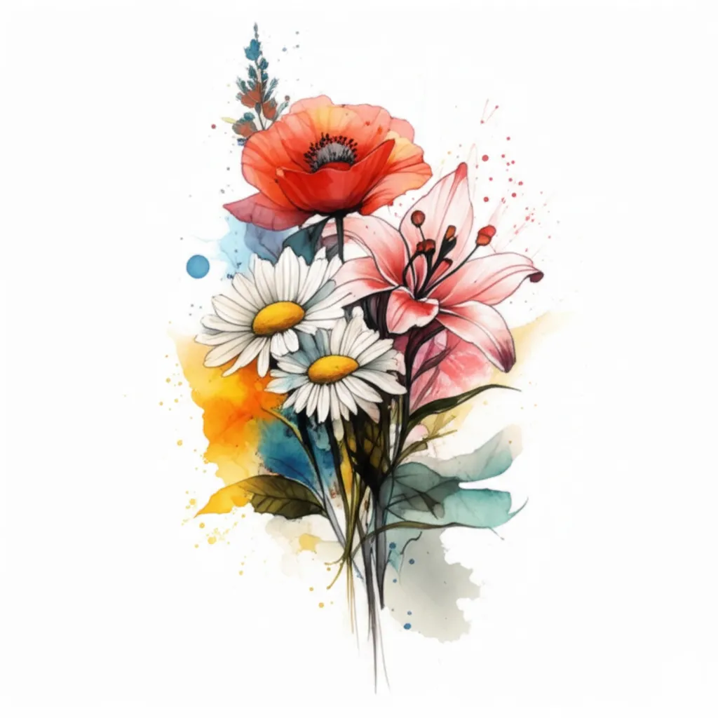 Watercolor Bouquet Tattoo: Daisy, Lily, Poppy, and Rose Design