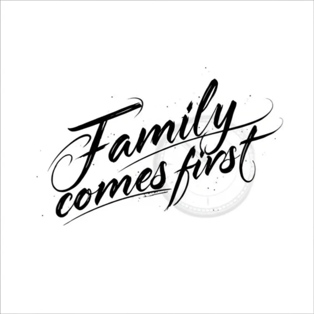 Family Comes First Calligraphy Tattoo with Clock Design