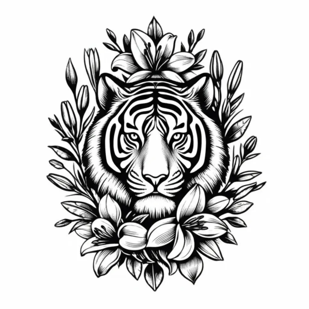 Blackwork Tiger and Lily Tattoo Design for Arm Blackwork Tiger and Lily Tattoo Design for Arm
