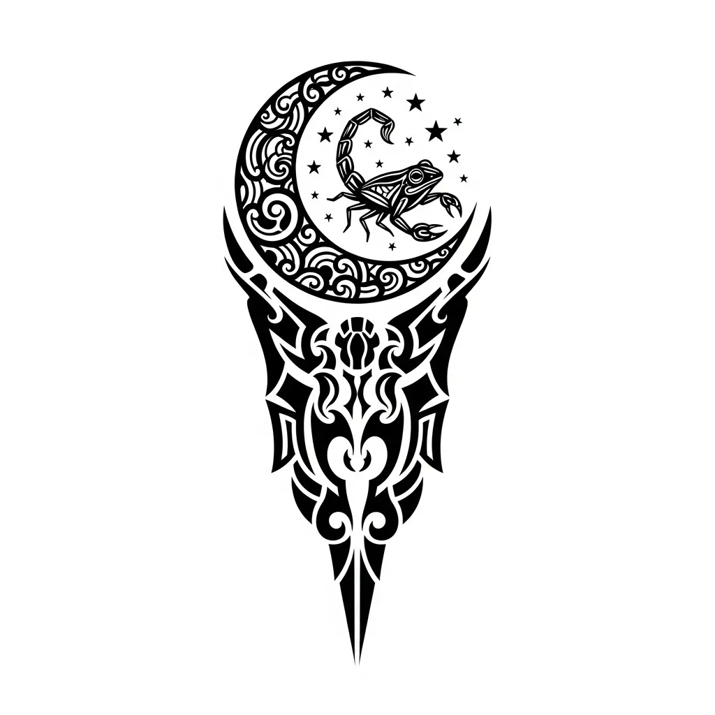 Tribal Moon and Stars Frog Tattoo Design