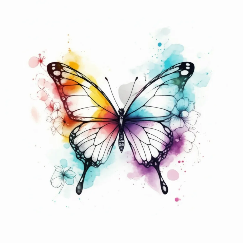 Watercolor Butterfly with Flowers Tattoo Idea