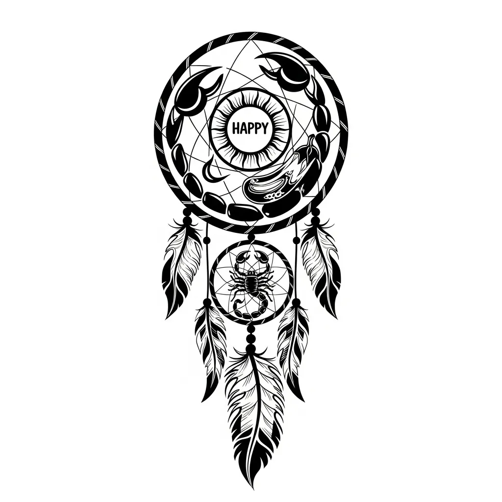 Tribal Dreamcatcher with Happy Sun Thigh Tattoo