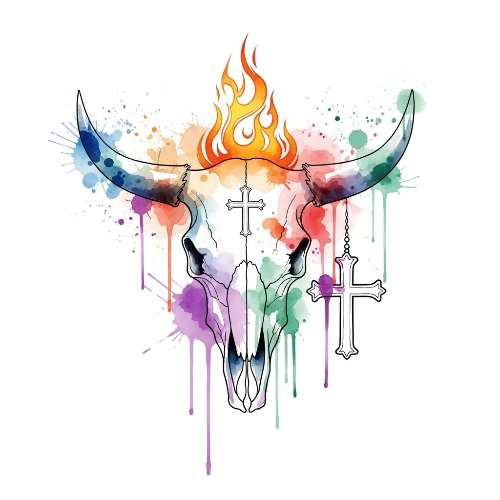 Watercolor Bull Skull Tattoo with Fire and Cross Design Watercolor Bull Skull Tattoo with Fire and Cross Design