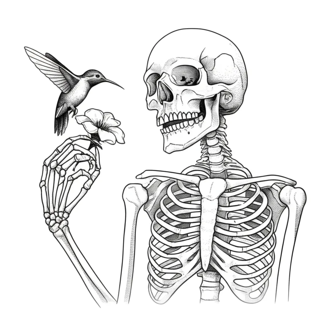 Fine Line Skeleton and Hummingbird Tattoo Design Fine Line Skeleton and Hummingbird Tattoo Design