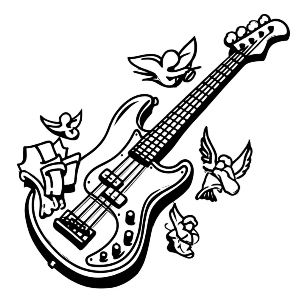Bass Guitar Graffiti Tattoo with Angels and Name