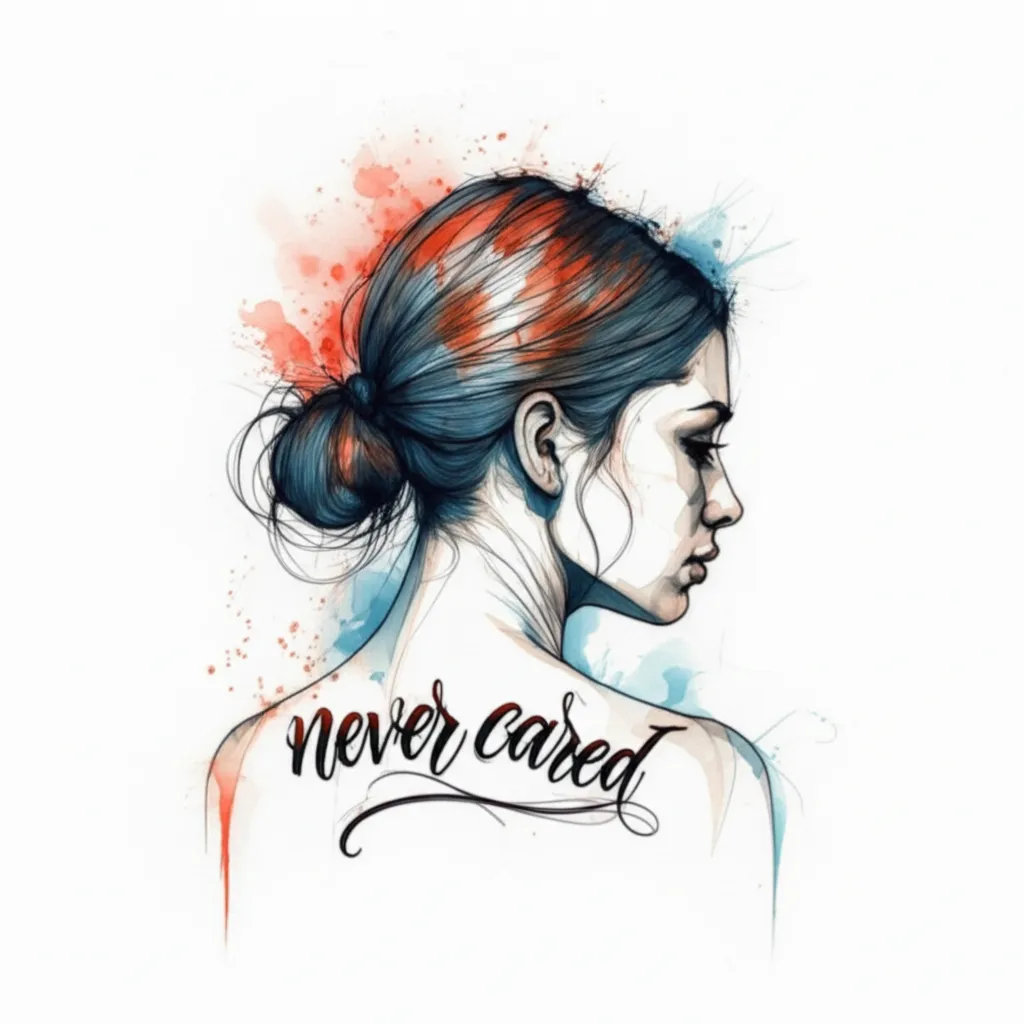 Never Cared Watercolor Tattoo on Upper Back Never Cared Watercolor Tattoo on Upper Back