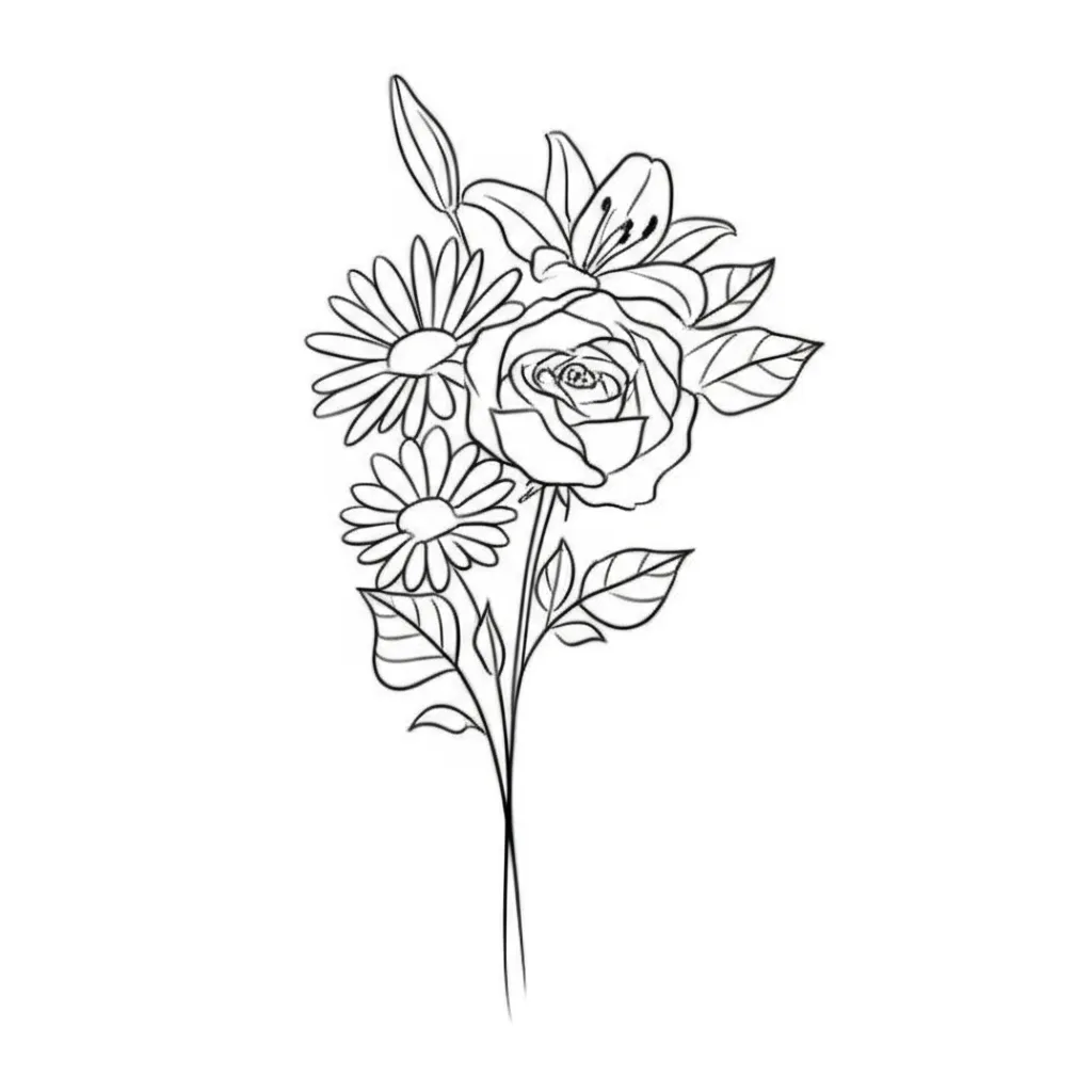Minimalist Flower Bouquet Tattoo: Daisy, Lily, Poppy, and Rose Design