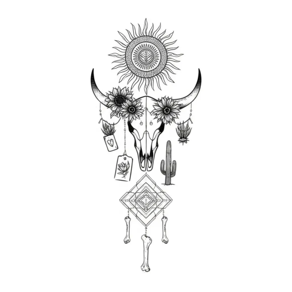 Minimalist Boho-Western Full Sleeve Tattoo: Sun, Skull & Succulents