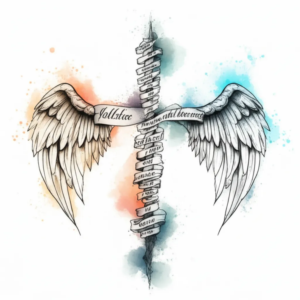 Spine Tattoo with Bible Verse & Angel Wings Cross Design Spine Tattoo with Bible Verse & Angel Wings Cross Design