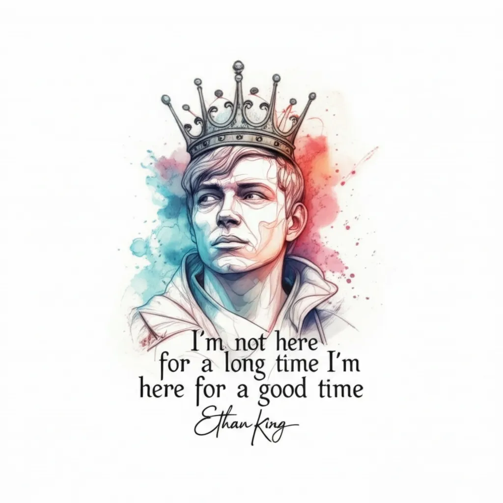 Watercolor Tattoo Design: "I'm Not Here for a Long Time, I'm Here for a Good Time" with Crown & Name Watercolor Tattoo Design: "I'm Not Here for a Long Time, I'm Here for a Good Time" with Crown & Name
