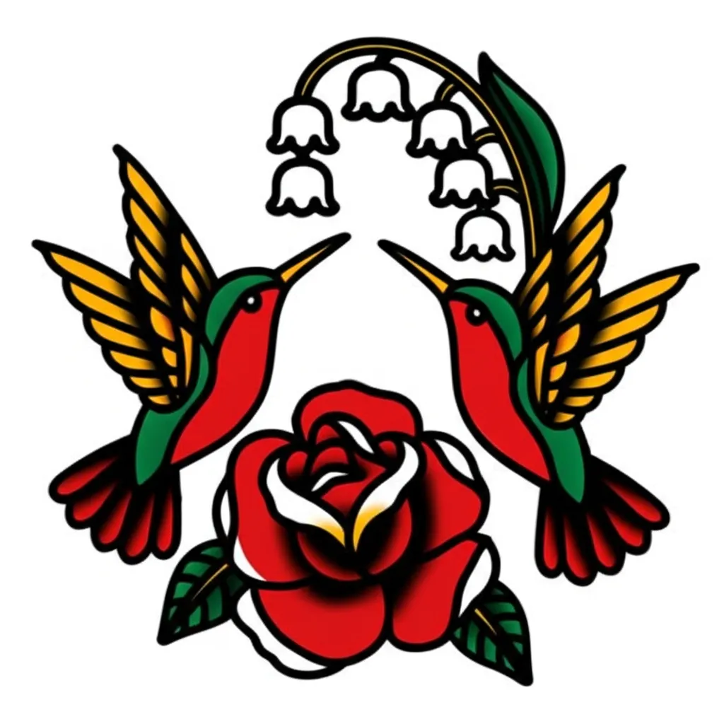Old School Hummingbird Tattoo with Rose, Lily, and 'I Love You XOXO'
