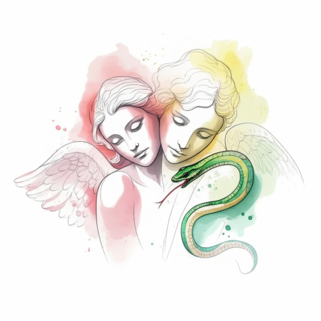 Watercolor Good vs Evil Tattoo: Angel and Snake Design Watercolor Good vs Evil Tattoo: Angel and Snake Design