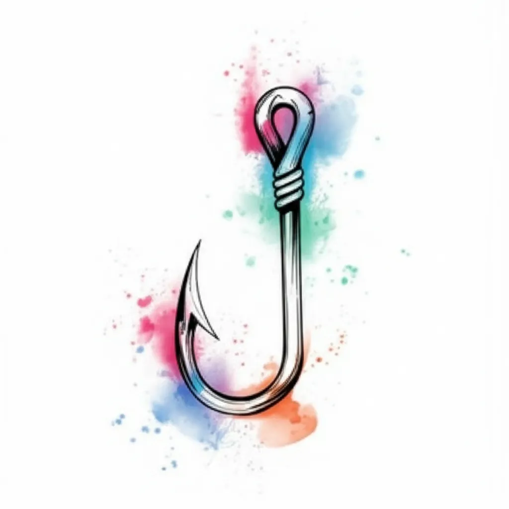 Watercolor Fish Hook Tattoo Design