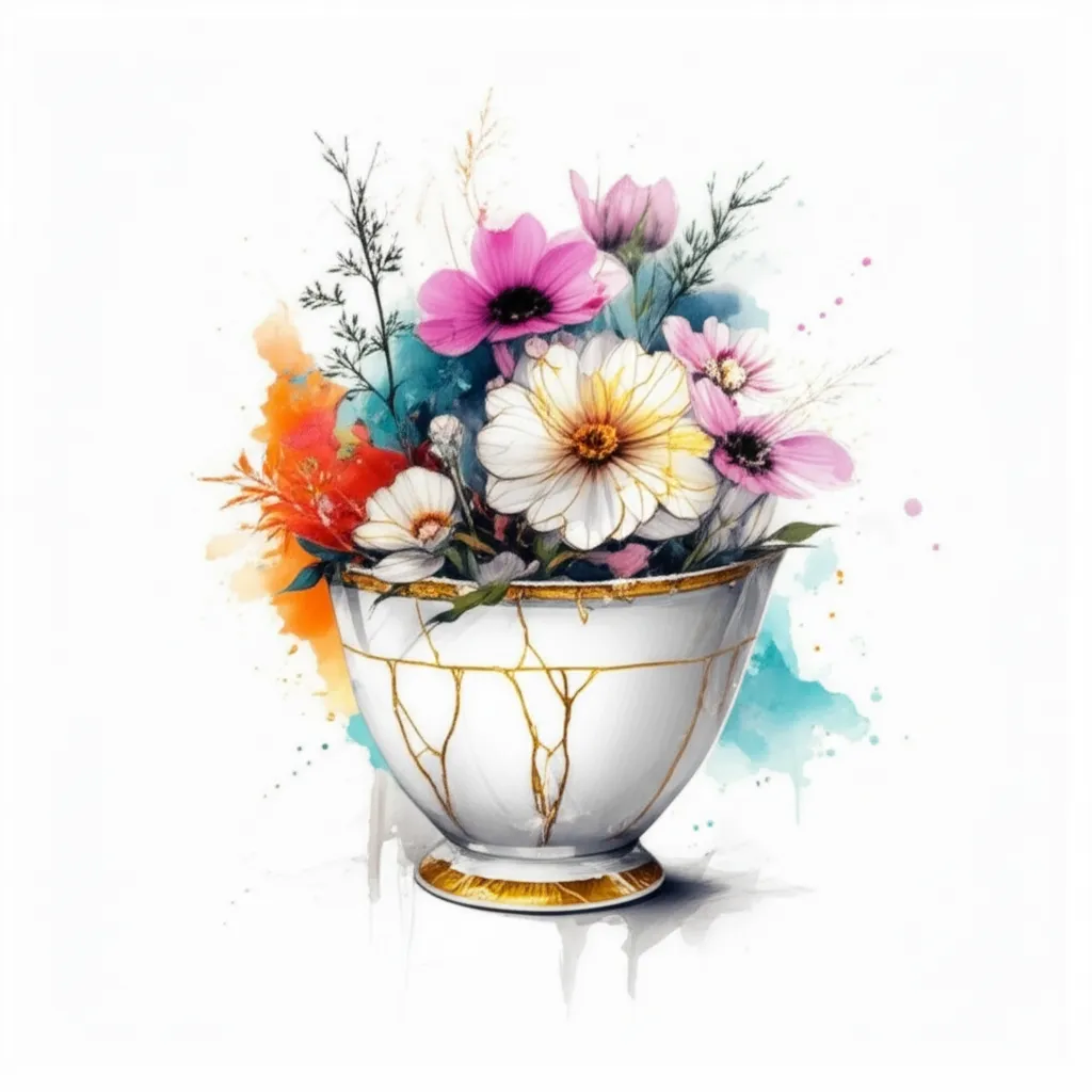 Watercolor Wildflowers in Kintsugi Vase Tattoo Design Watercolor Wildflowers in Kintsugi Vase Tattoo Design