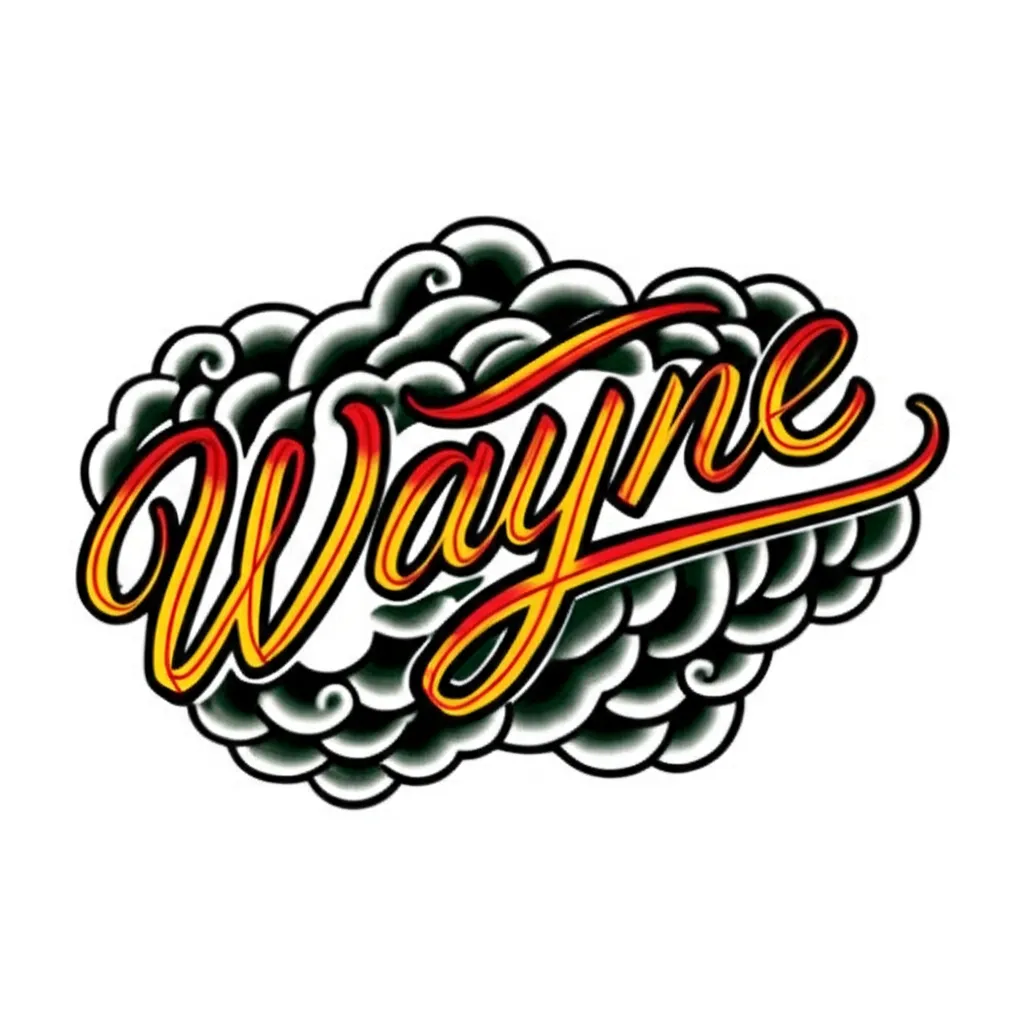 Wayne Name Tattoo in Cursive with Cloud Design - Old School Style Wayne Name Tattoo in Cursive with Cloud Design - Old School Style