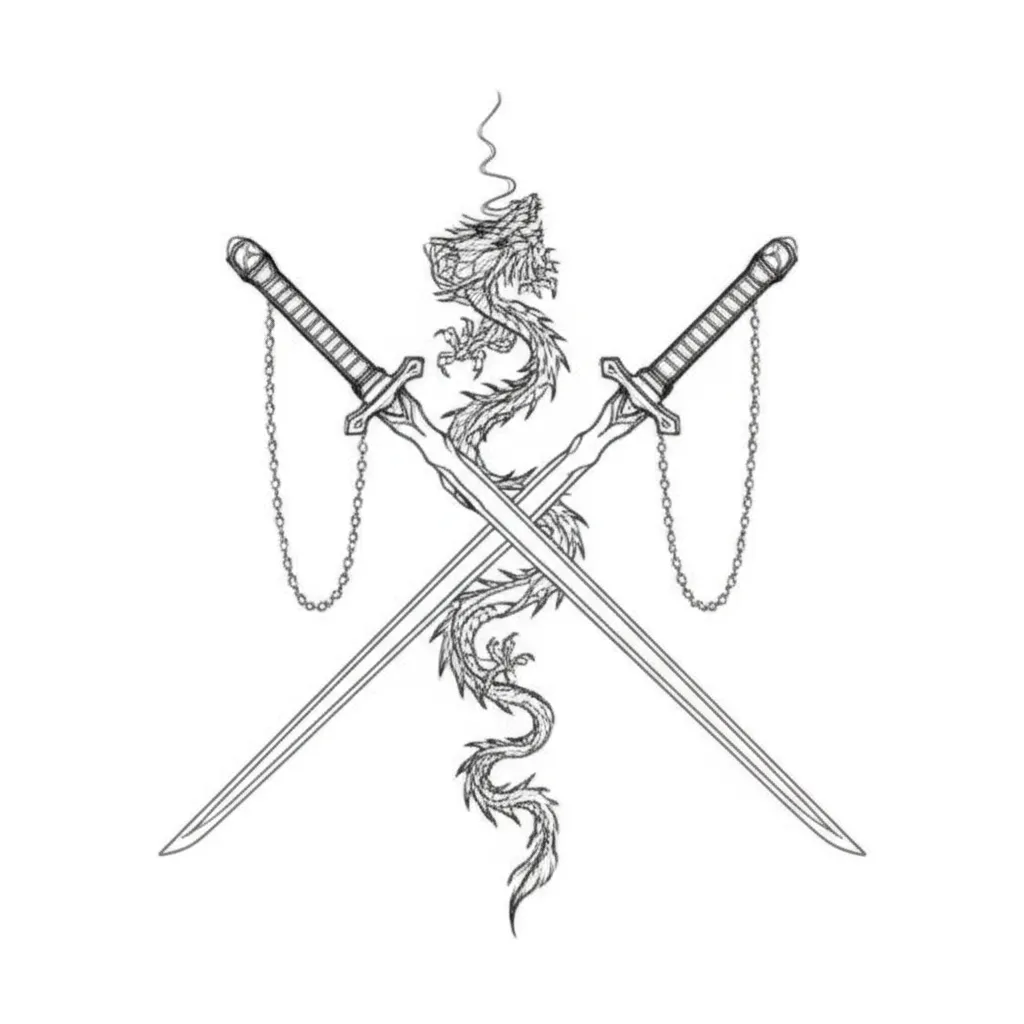 Minimalist Chinese Swords and Dragon Tattoo Design Minimalist Chinese Swords and Dragon Tattoo Design