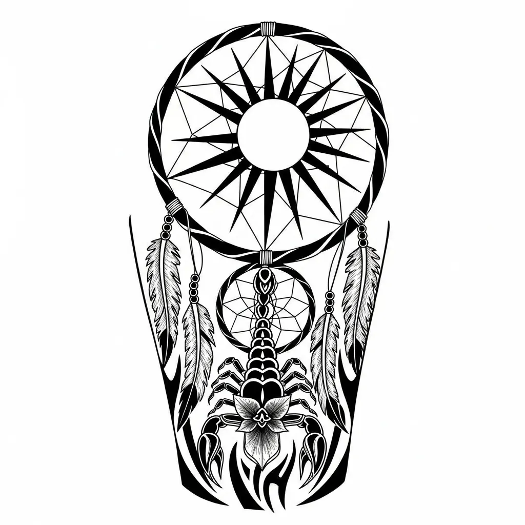 Tribal Dreamcatcher Sun Thigh Tattoo Design