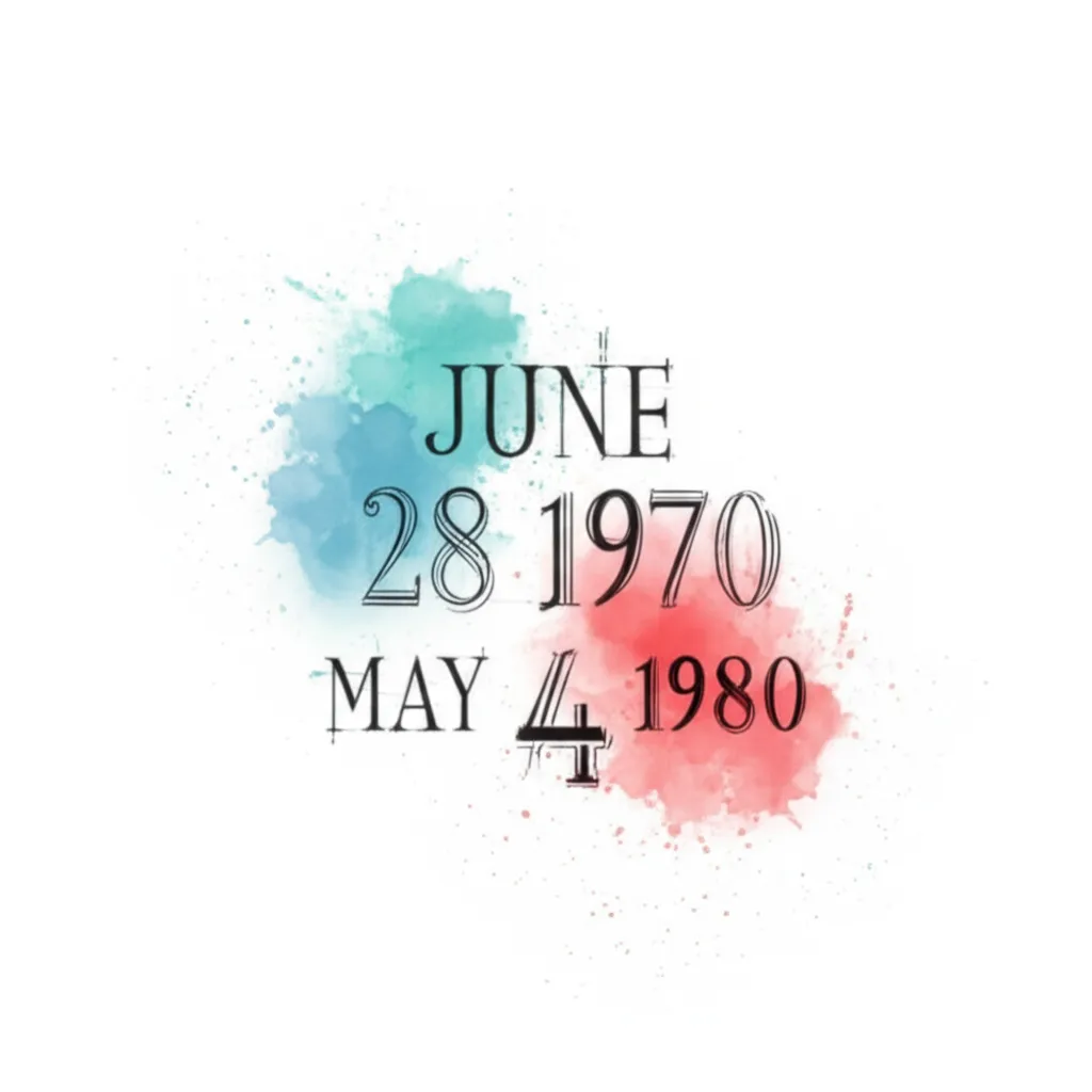 Watercolor Roman Numeral Date Tattoo: June 28 1970 & May 4 1980