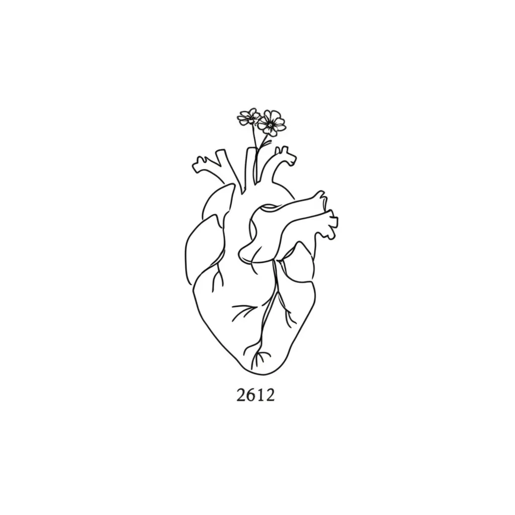 Minimalist Heart Tattoo with Flowers and '2612' Design Minimalist Heart Tattoo with Flowers and '2612' Design