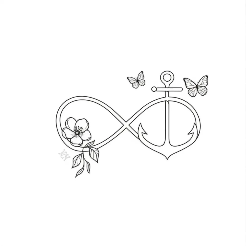 Minimalist Infinity Anchor Tattoo with Flower and Butterflies