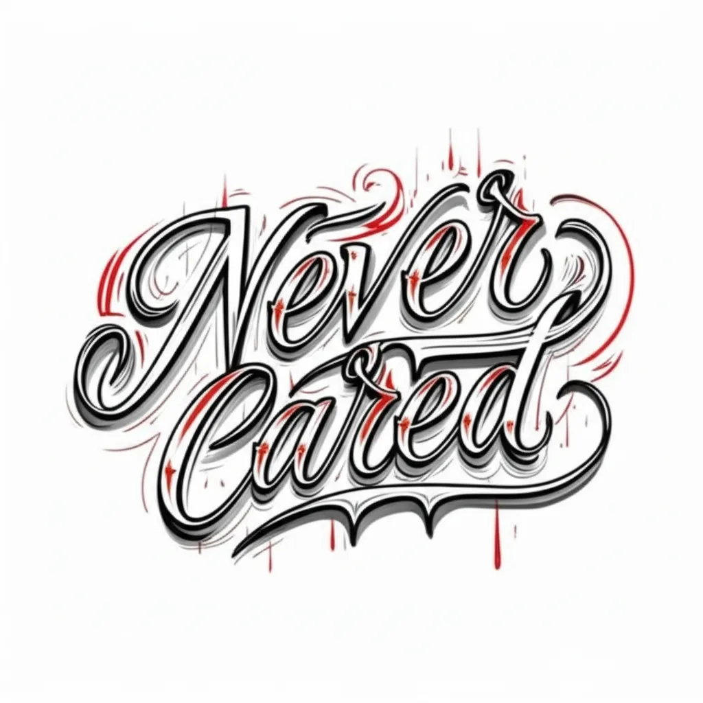 Never Cared Tattoo: Bold Cursive Font with Red Ink
