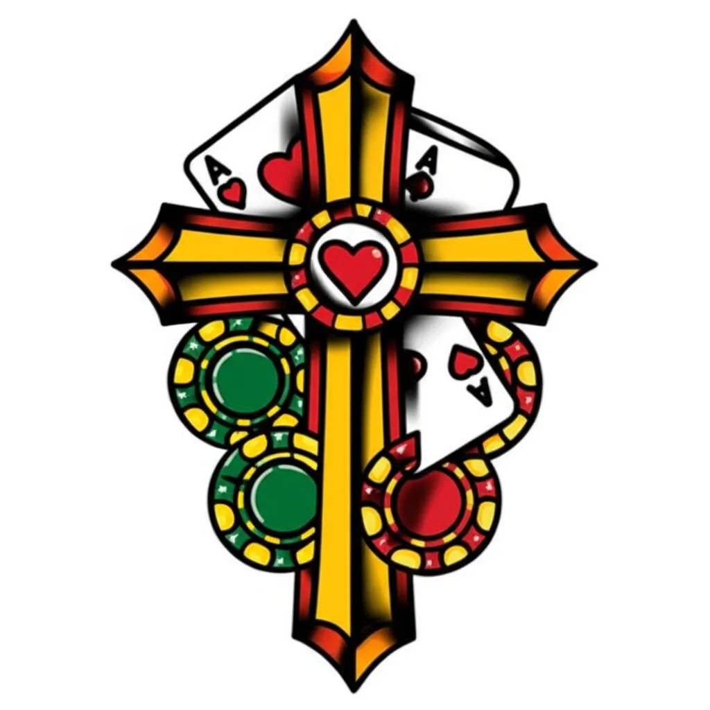 Old School Cross Tattoo with Poker Chips and Cards Design Old School Cross Tattoo with Poker Chips and Cards Design