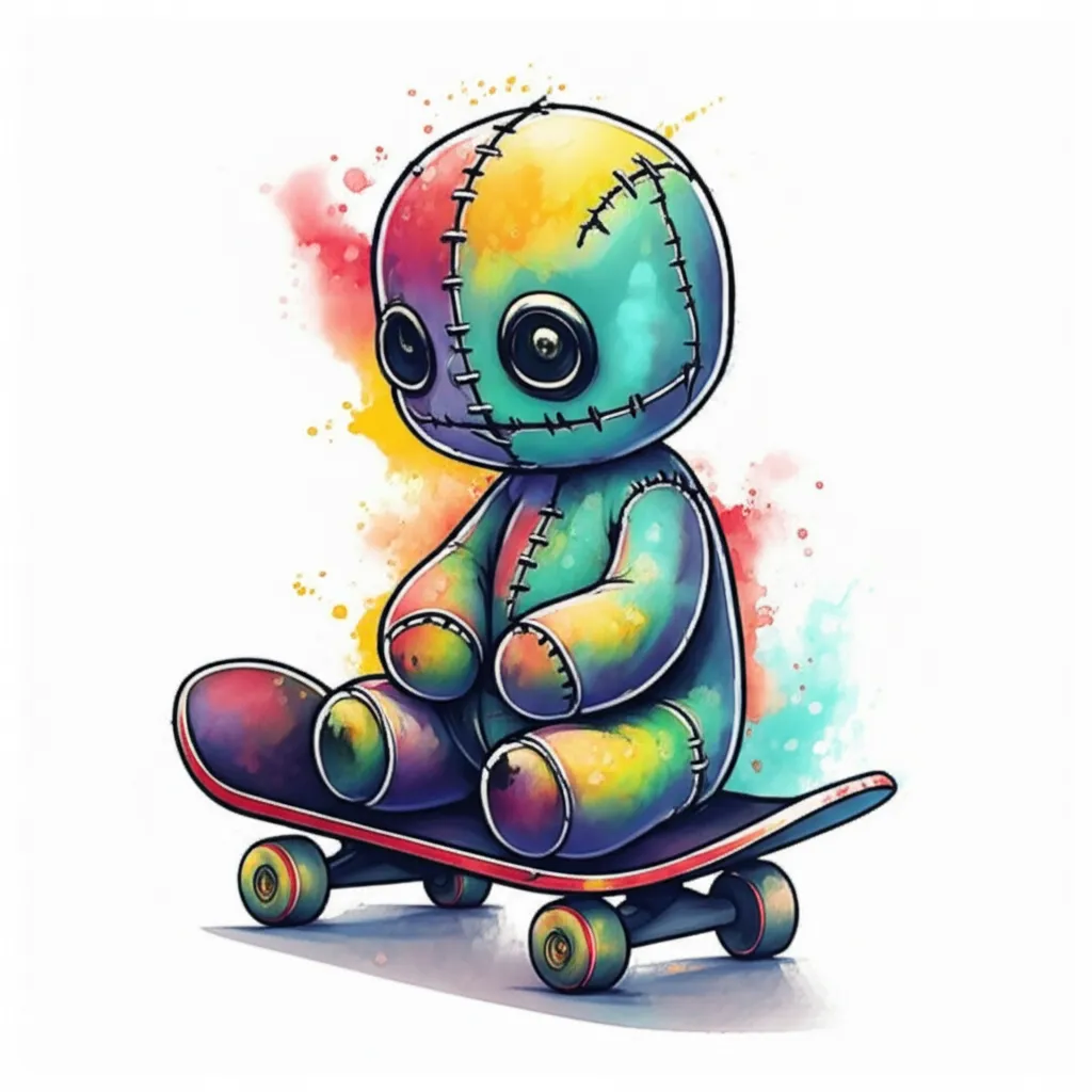 Watercolor Voodoo Doll on Skateboard Tattoo Idea