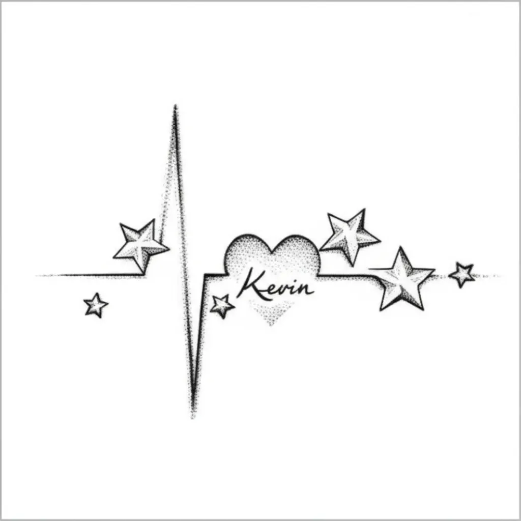 Stars and Heartbeat Tattoo with Name - Fine Line Design Stars and Heartbeat Tattoo with Name - Fine Line Design