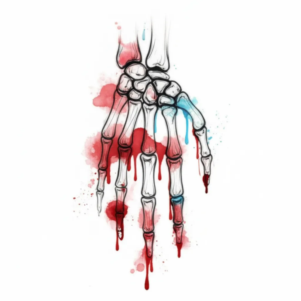 Watercolor Skeleton Hand Tattoo with Dripping Blood Watercolor Skeleton Hand Tattoo with Dripping Blood