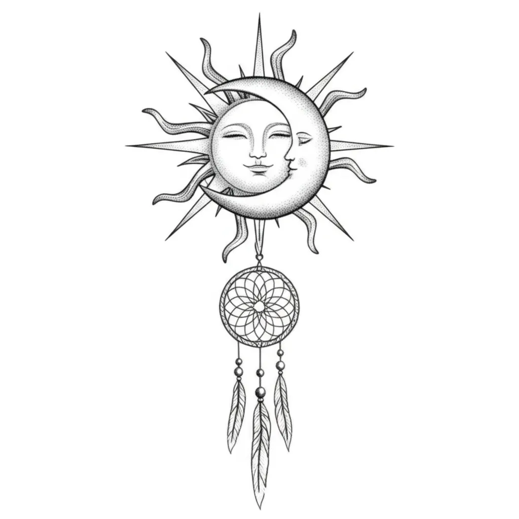 Sun and Moon Dreamcatcher Fine Line Tattoo Design