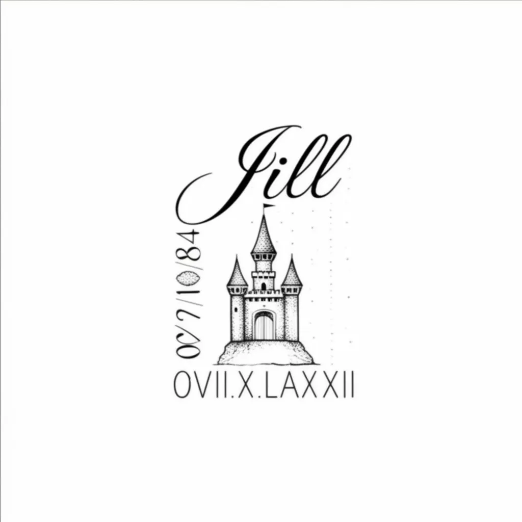 Jill Name Tattoo with Roman Numerals and Castle - Fine Line Design
