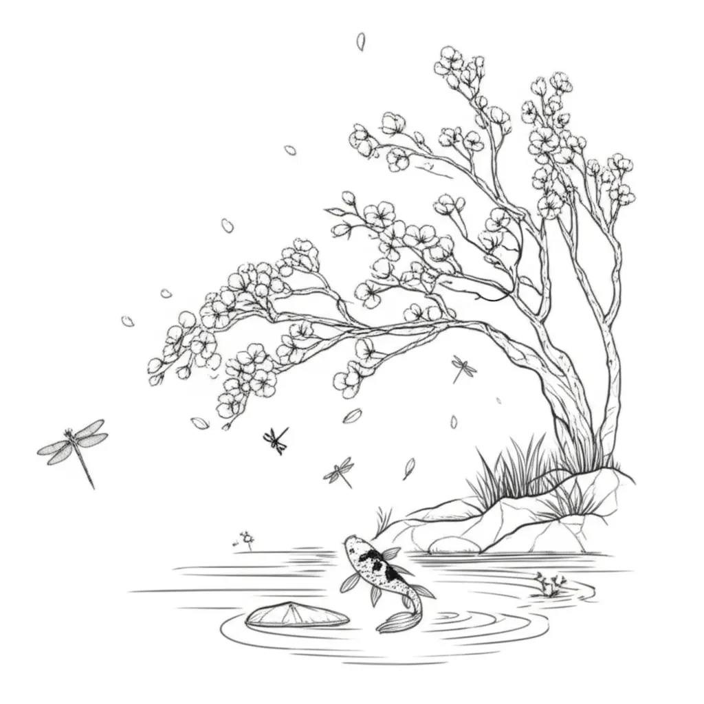Minimalist Cherry Blossom, Koi Fish & Dragonfly Tattoo Design Minimalist Cherry Blossom, Koi Fish & Dragonfly Tattoo Design