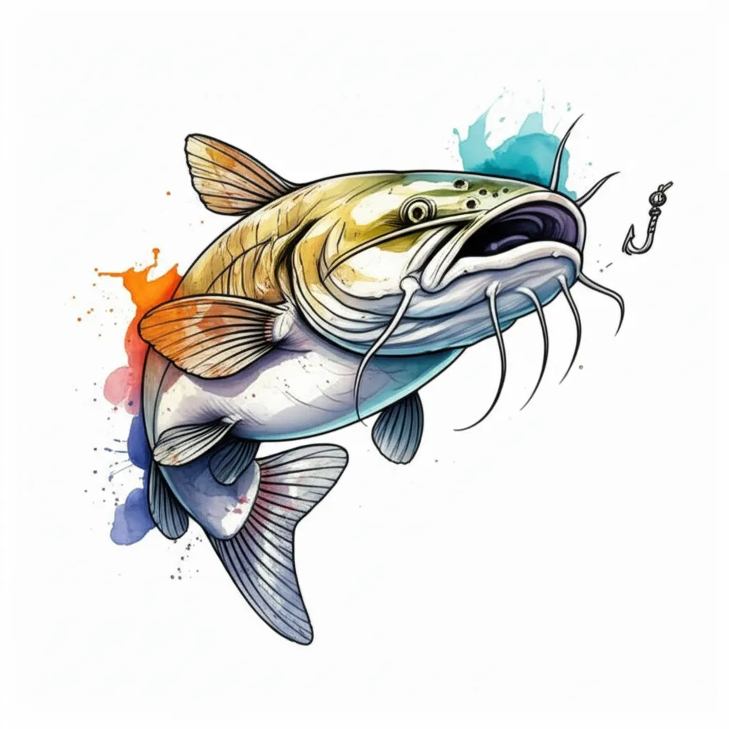 Watercolor Catfish Tattoo Design with Hook Watercolor Catfish Tattoo Design with Hook